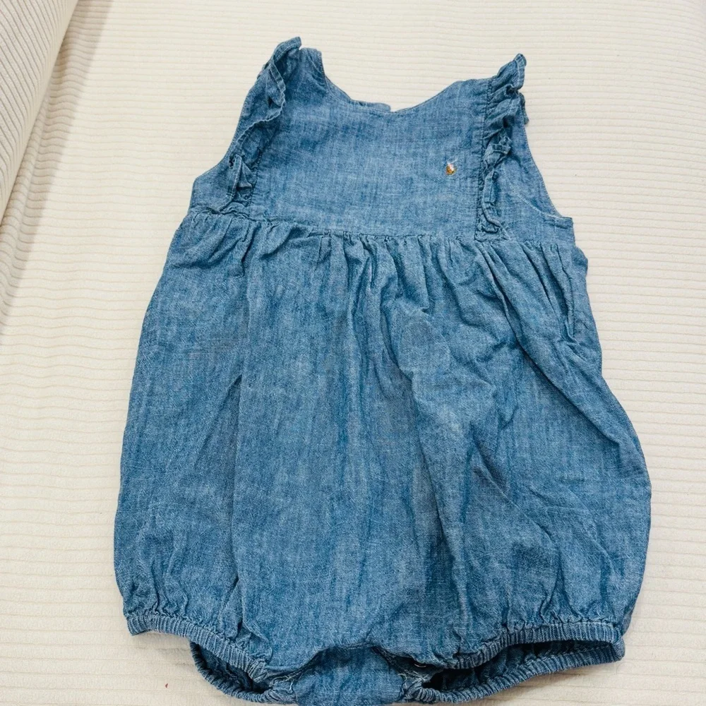 Ralph Lauren Girls' Chambray Ruffle Bubble Romper - Baby 24 months EUC $50